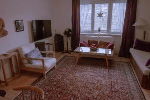 a living room with a couch and a table at Retro Apartment Praha in Prague