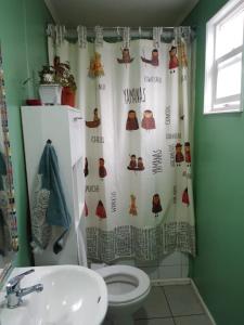 a bathroom with a shower curtain with a toilet and a sink at Arriendo casa muy buena ubicación en Villarrica in Villarrica