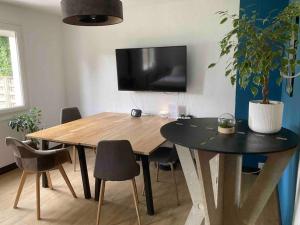 une table à manger avec des chaises et une plante en pot dans l'établissement Appartement cosy, à Saint-Sébastien-sur-Loire