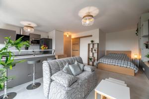 ein Wohnzimmer mit einem Sofa und einem Bett in der Unterkunft Appartement 1 pièce très chaleureux in Louviers