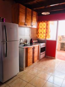 eine Küche mit weißem Kühlschrank und Holzschränken in der Unterkunft Joly in Wanda