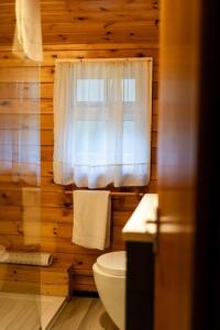 a wooden bathroom with a toilet and a window at Cozy Norwegian Style Log Cabin in Rural Snowdonia - 2 Bedrooms & Parking by Seren Short Stays in Ffestiniog +42 photos