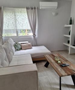 a living room with a couch and a table at Villa kontes kefalonia in Kardhakáta