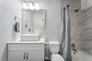 a bathroom with a toilet and a sink and a mirror at Prime SoLa Chic 1BR King Bed Suites with Laundry, Desk, Kitchen in Austin