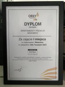 a framed picture of a diploma in a black frame at Apartamenty Premium New in Wadowice