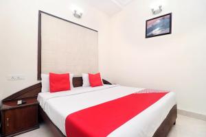 阿姆利則的住宿－寺廟景酒店，一间卧室配有一张带红色枕头的大床