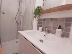 a white bathroom with a sink and a shower at Duplex Cosy 1 in Gouesnou