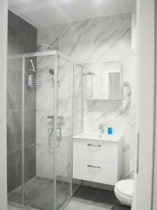 La salle de bains est pourvue d'une douche, d'un lavabo et de toilettes. dans l'établissement SunApart A 182, à Varsovie