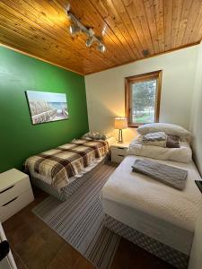 1 Schlafzimmer mit 2 Betten und einer grünen Wand in der Unterkunft PEC Waterfront in Hillier