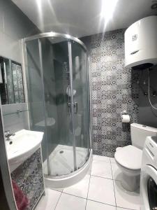 a bathroom with a shower and a toilet and a sink at Pod Śnieżynką in Zakopane