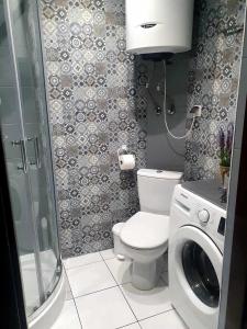 a bathroom with a toilet and a washing machine at Pod Śnieżynką in Zakopane
