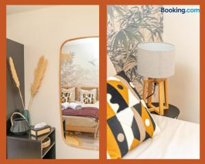 Duas fotografias de um quarto com um espelho e uma cama. em T2 Relax & Cosy en Toscane occitane-Gaillac hypercentre em Gaillac