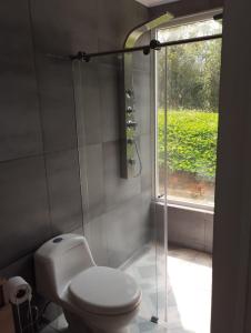 a bathroom with a toilet and a glass shower at Villa las Águilas 1 in Borrero Ayerbe
