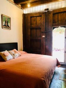 a bedroom with a large bed with a wooden door at Tizapán 2 Beautiful apartment with patio 1BE/1BA in Mexico City