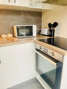 uma cozinha com um micro-ondas e um fogão forno superior em Appartement confortable aux portes de Paris em Charenton-le-Pont