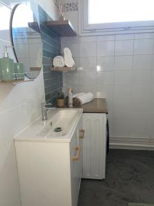 uma casa de banho branca com um lavatório e um espelho em Appartement confortable aux portes de Paris em Charenton-le-Pont