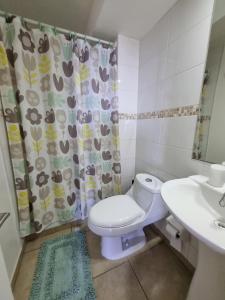 La salle de bains est pourvue de toilettes, d'un lavabo et d'un rideau de douche. dans l'établissement Departamento Frente Playa las Torpederas, à Valparaíso