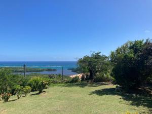 a view of the ocean from the top of a hill at Villa le flamboyant in Le Marin