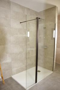 La salle de bains est pourvue d'une douche avec une porte en verre. dans l'établissement PASSAR P'LAS BRASAS, à Mourão