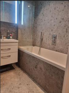 a bathroom with a shower and a tub and a sink at Beckenham - Luxury One Bedroom Apartment With Two Baths And WC in Elmers End