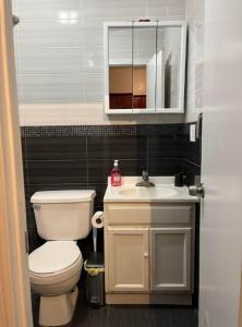 W łazience znajduje się toaleta, umywalka i lustro. w obiekcie Breathtaking 3 Bedroom apartment in NYC! w Nowym Jorku