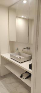 La salle de bains est pourvue d'un lavabo blanc et d'un miroir. dans l'établissement Vanbunnen, à Knokke-Heist