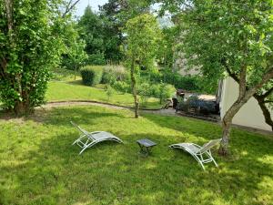 twee stoelen en een tafel in het gras bij La maison d'adèle in Sancerre