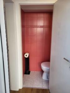 baño con aseo y pared de color rosa en Ruhiges Apartment & Veranda mit guter Anbindung en Bochum