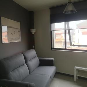 - un salon avec un canapé et une fenêtre dans l'établissement Céntrico apartamento en Corrubedo, à Corrubedo