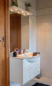W łazience znajduje się umywalka i lustro. w obiekcie Manoir de la coudre w mieście Changé