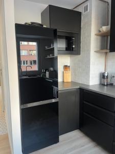 una cocina con armarios negros y fregadero en Modern Apartament Gdynia, en Gdynia