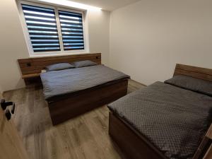 um quarto com 2 camas individuais e uma janela em Apartmány Na Luční em Bystřice nad Pernštejnem