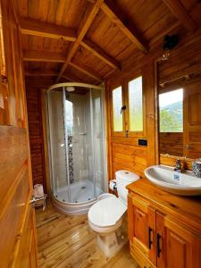 a bathroom with a shower and a toilet and a sink at Glamping Shalom in Choachí