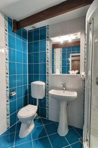 a blue tiled bathroom with a toilet and a sink at Hotel Traube in Mediaş