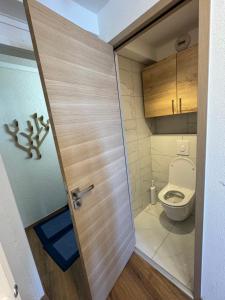 a bathroom with a toilet and a wooden door at Happy Yeti Avoriaz in Avoriaz