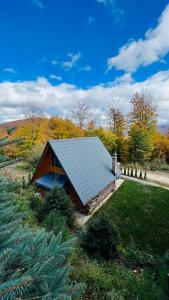 a small house with a tin roof on a field at Kuća za odmor ALTEA Pridolci in Busovača