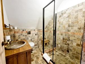 uma casa de banho com um lavatório e um chuveiro em Pensiunea Hodăița em Măgura