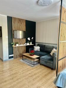 a living room with a couch and a table at Apartament Walczaka 42 MIEJSCE PARKINGOWE in Gorzów Wielkopolski