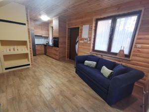 a living room with a blue couch and a kitchen at Domki Pod Sosnami in Raków