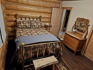 1 dormitorio con 1 cama y pared de madera en Moose Mtn Lodge/Luxury Cabin/Hot Tub/Fireplace, en Fairplay