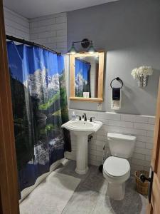 y baño con aseo y lavamanos. en Moose Mtn Lodge/Luxury Cabin/Hot Tub/Fireplace, en Fairplay