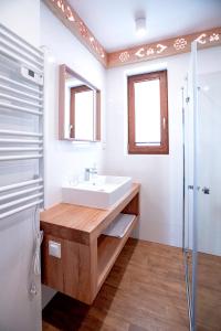 a bathroom with a sink and a shower at Osada Widokówka- Przystanek Podhale in Czorsztyn