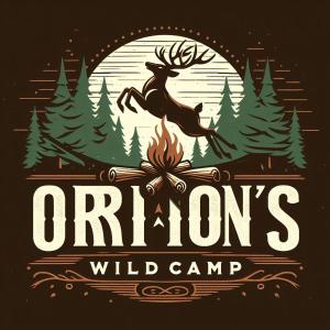 un logo de campamento salvaje con un ciervo saltando sobre una fogata en Orion's wild camp, en Dana