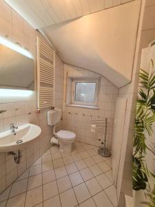 La salle de bains est pourvue de toilettes et d'un lavabo. dans l'établissement 4-Zimmer Wohnung in Mannheim, à Mannheim