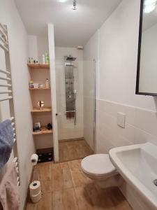 La salle de bains est pourvue d'une douche, de toilettes et d'un lavabo. dans l'établissement 4-Zimmer Wohnung in Mannheim, à Mannheim