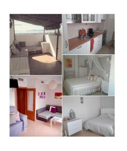 un collage de cuatro fotos de un dormitorio y una sala de estar en Ático Dúplex con vistas en Murcia
