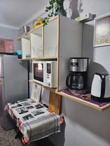 estante con cafetera y microondas en Hostel Black Lions en Mendoza