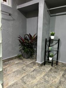 a room with potted plants and a shelf at Cabañas Lago Cerro Azul - Lake of Panama in Cerro Azul