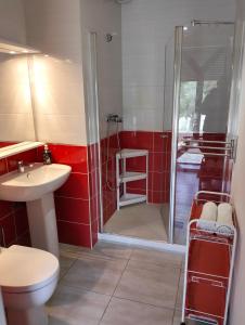 ein Bad mit einer Dusche, einem WC und einem Waschbecken in der Unterkunft Tikazéla - Escale Tournon-Sur-Rhône in Tournon-sur-Rhône