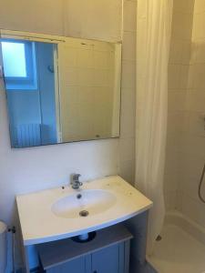 a bathroom with a sink and a mirror and a tub at Appartement Croix rousse 69004 in Lyon